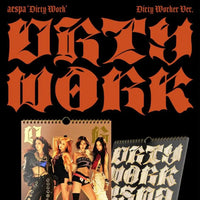 Kpop album aespa's 'Dirty Work' with stylized text and images of the group at keapop